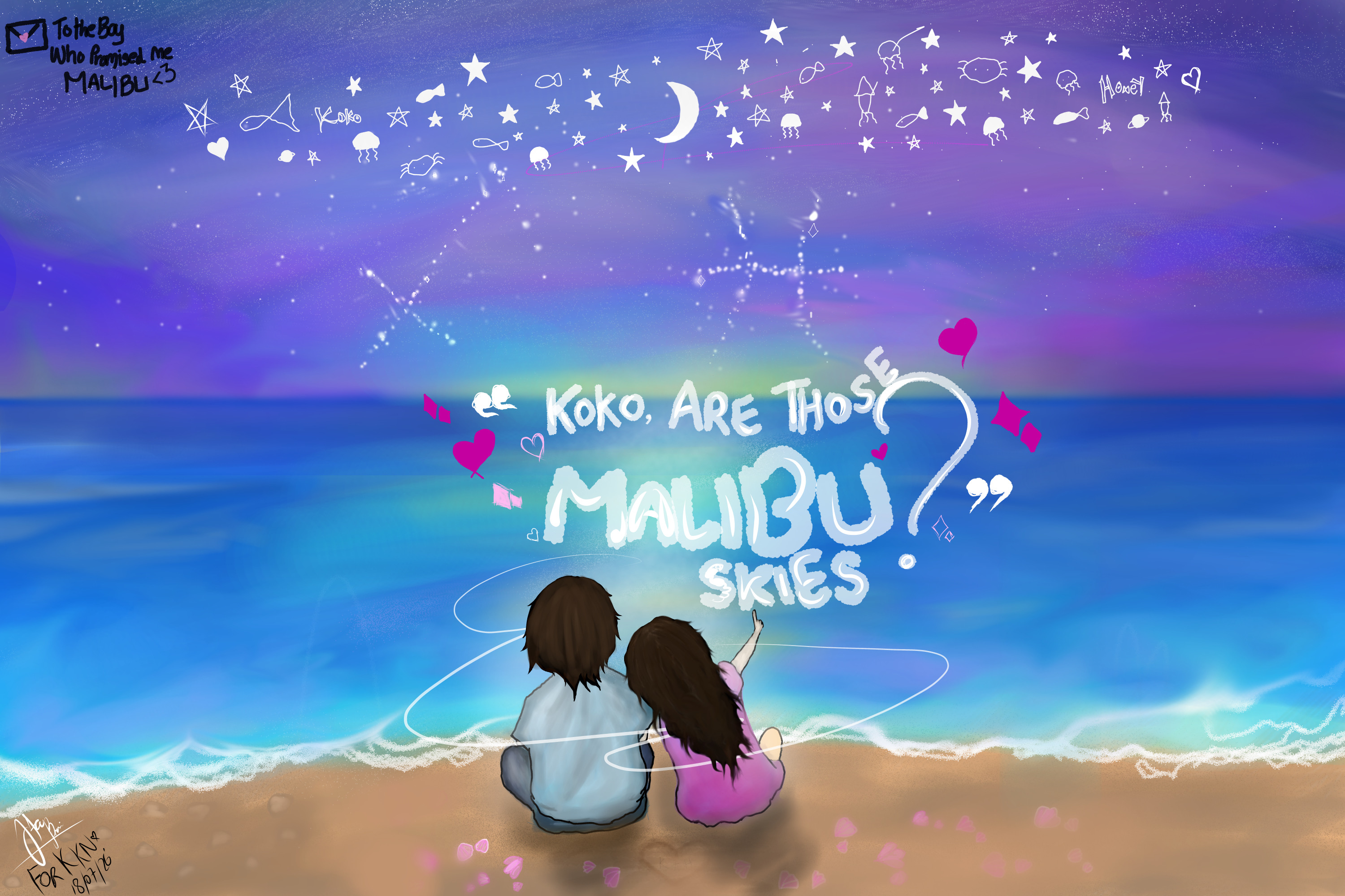 a drawing of us watching the malibu skies together